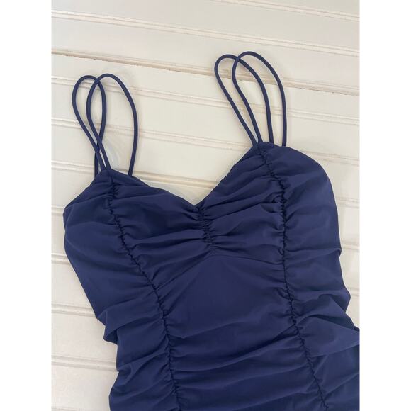 NWOT Michael Kors Swimsuit Navy Blue Ruched Strappy V-Neck 1 PC One Piece Sze XS - Picture 2 of 8